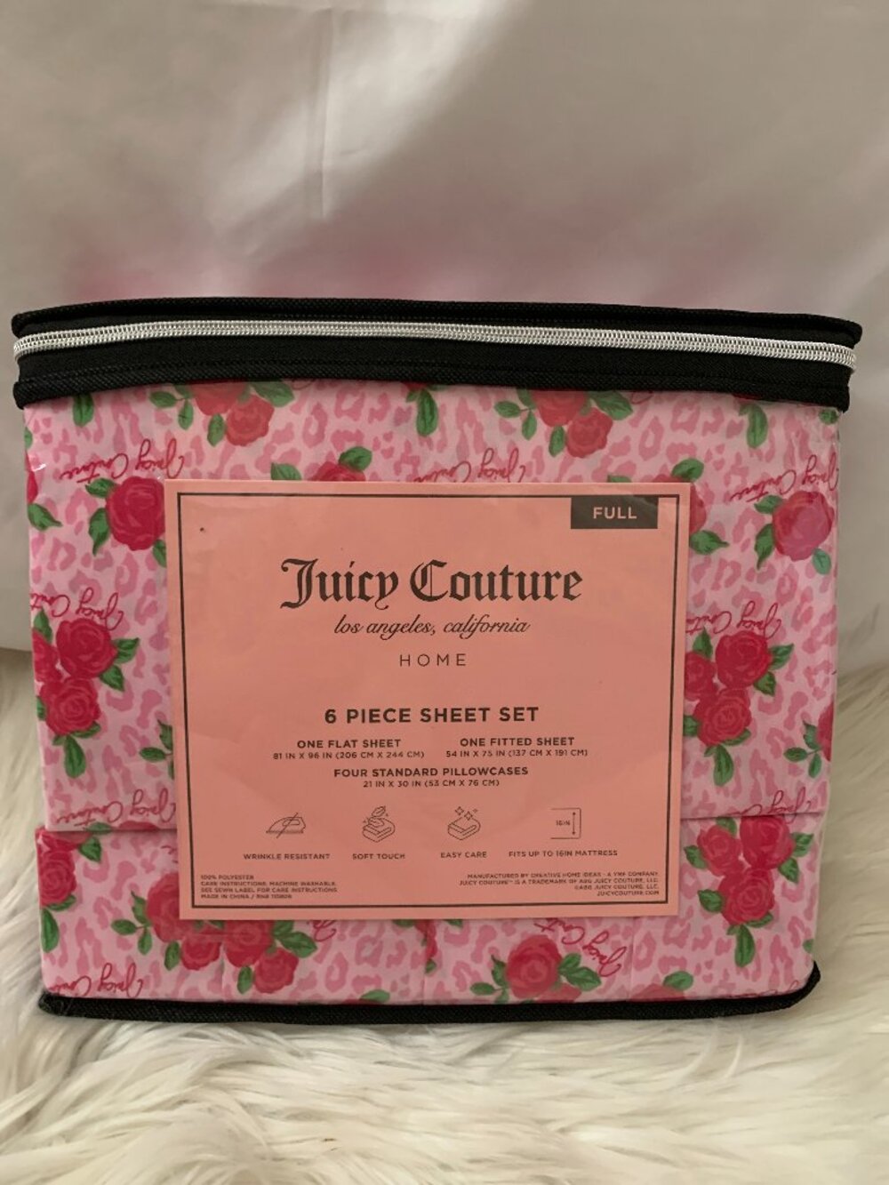 JUICY COUTURE Rose Animal Printed Full Sized Bed Sheets Set in Pink Multi